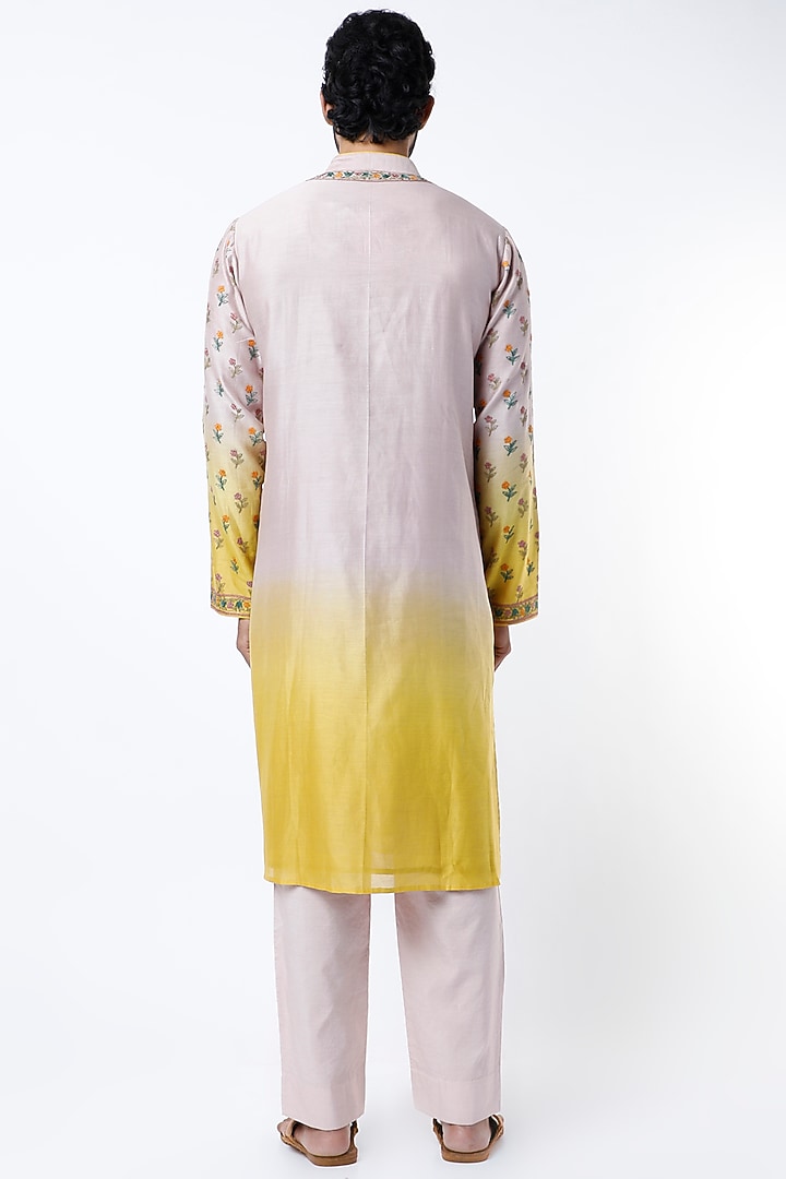 Nude & Almond Yellow Ombre Silk Aari Embroidered Kurta Set by Rar Studio Men at Pernia's Pop Up Shop