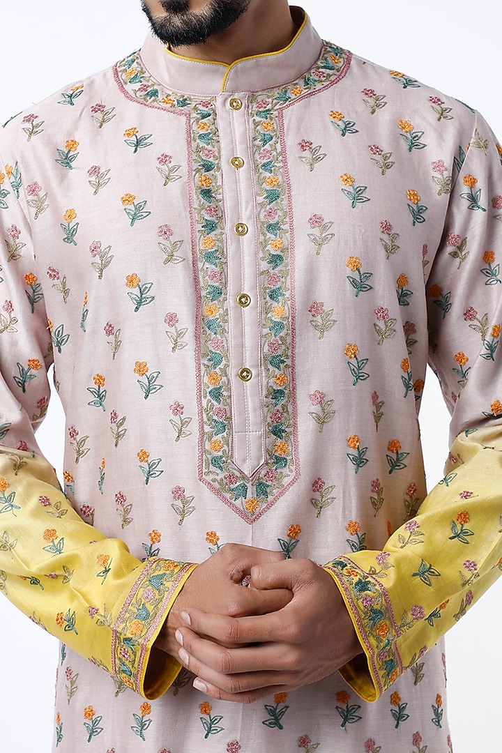 Nude & Almond Yellow Ombre Silk Aari Embroidered Kurta Set by Rar Studio Men at Pernia's Pop Up Shop