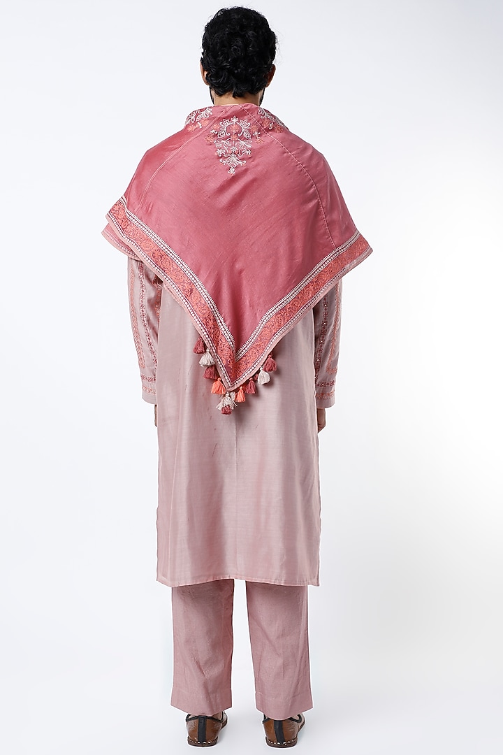 Old Rose Embroidered Kurta Set With Stole by Rar Studio Men at Pernia's Pop Up Shop