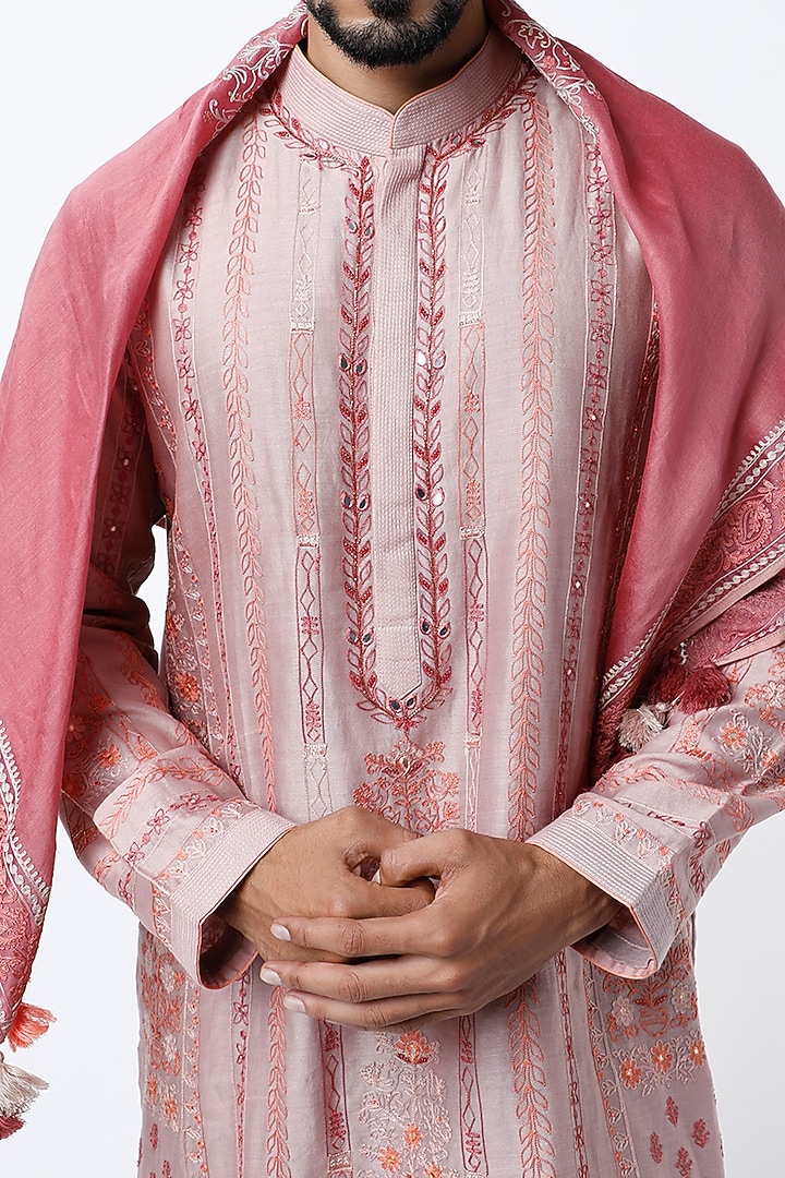 Old Rose Embroidered Kurta Set With Stole by Rar Studio Men at Pernia's Pop Up Shop