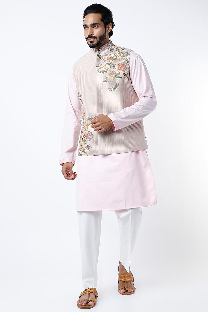 Nude Floral Embroidered Bundi Jacket by Rar Studio Men