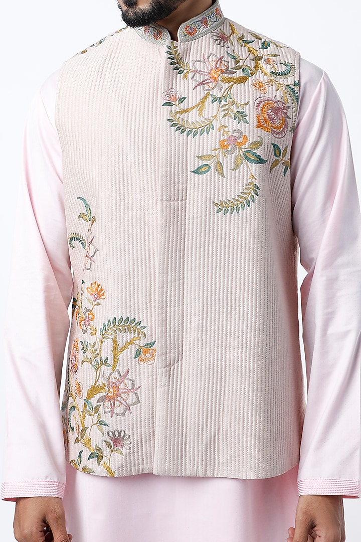 Nude Floral Embroidered Bundi Jacket by Rar Studio Men at Pernia's Pop Up Shop
