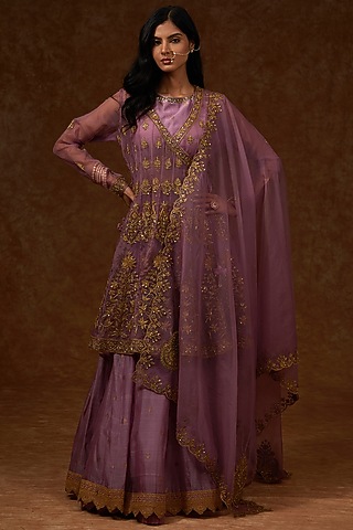 Lavender Chanderi Handloom Dori Embroidered Lehenga Set by Rar Studio