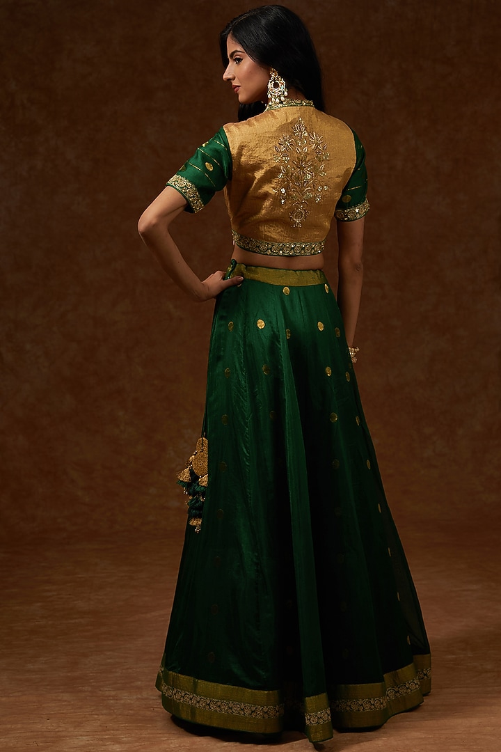 Green Chanderi Handloom Aari Embroidered Wedding Lehenga Set by Rar Studio at Pernia's Pop Up Shop