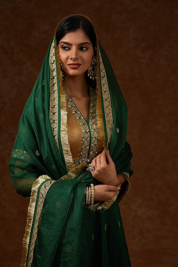 Green Chanderi Handloom Aari Embroidered Wedding Lehenga Set by Rar Studio at Pernia's Pop Up Shop
