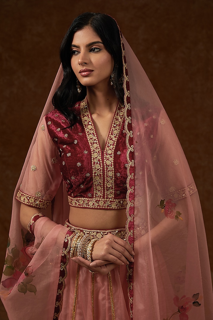 Old Rose Organza Hand Embroidered Wedding Lehenga Set by Rar Studio at Pernia's Pop Up Shop