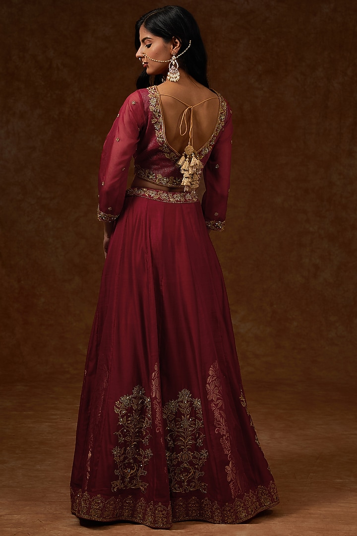 Maroon Chanderi Handloom Zari Embroidered Wedding Lehenga Set by Rar Studio at Pernia's Pop Up Shop