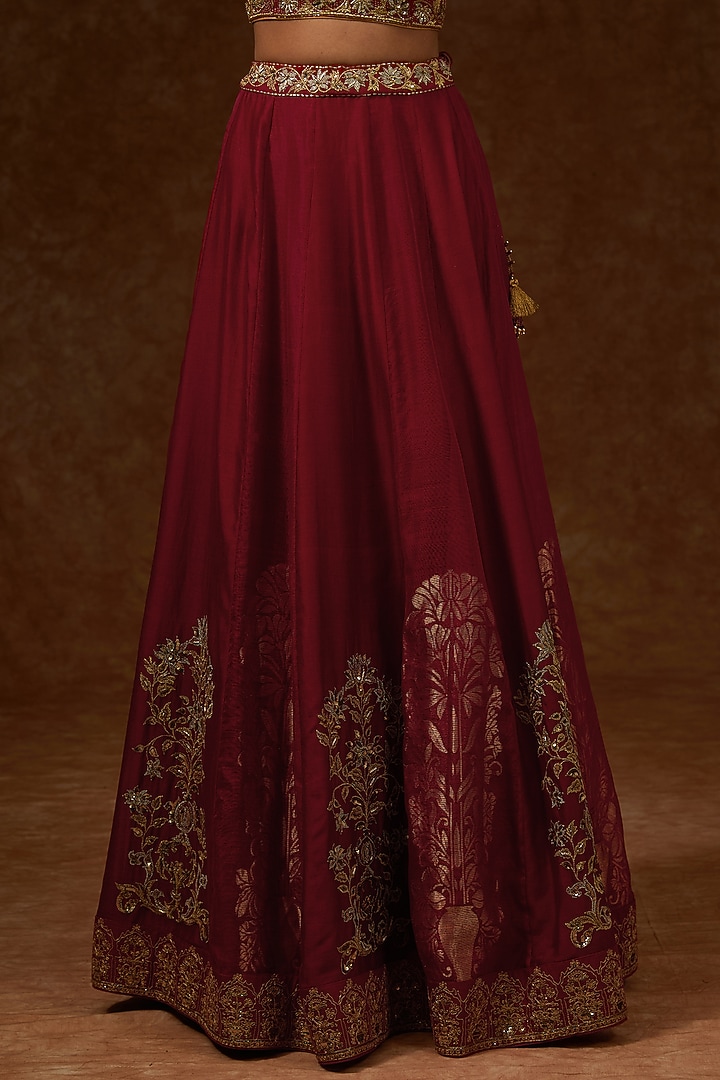 Maroon Chanderi Handloom Zari Embroidered Wedding Lehenga Set by Rar Studio at Pernia's Pop Up Shop
