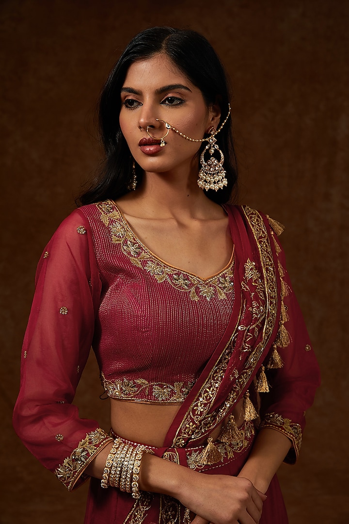 Maroon Chanderi Handloom Zari Embroidered Wedding Lehenga Set by Rar Studio at Pernia's Pop Up Shop