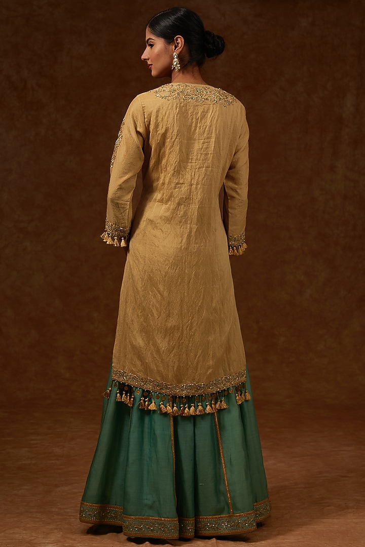 Moss Green Chanderi Handloom Hand Embroidered Wedding Lehenga Set by Rar Studio at Pernia's Pop Up Shop