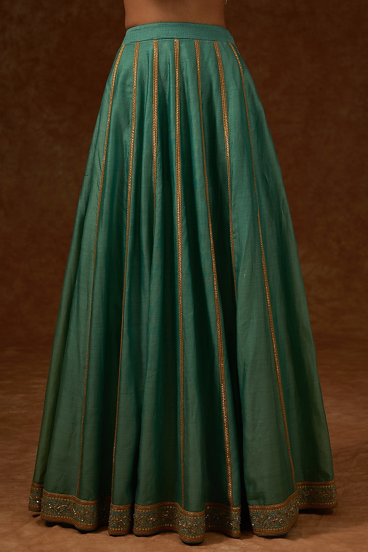 Moss Green Chanderi Handloom Hand Embroidered Wedding Lehenga Set by Rar Studio at Pernia's Pop Up Shop