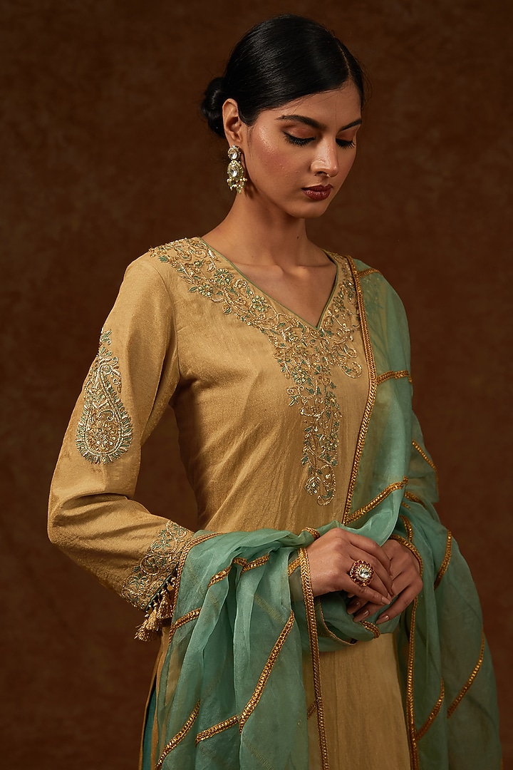 Moss Green Chanderi Handloom Hand Embroidered Wedding Lehenga Set by Rar Studio at Pernia's Pop Up Shop