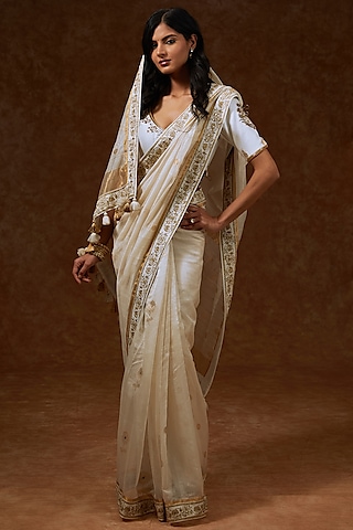Ivory Chanderi Handloom Hand Embroidered Saree Set by Rar Studio