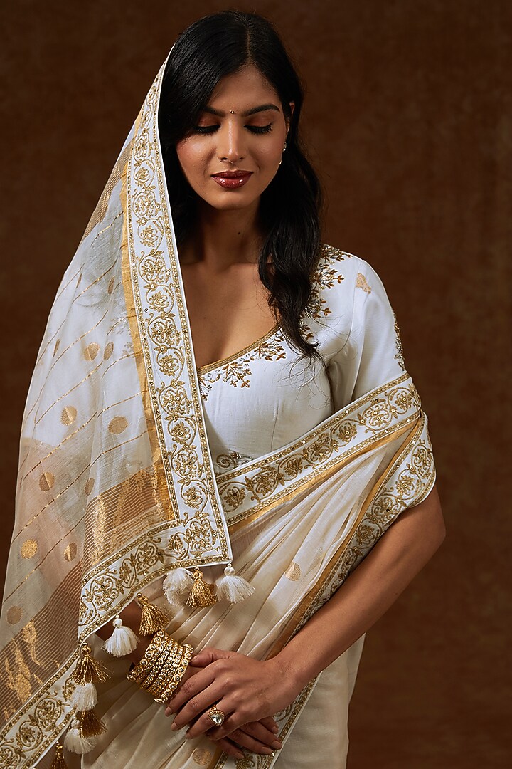Ivory Chanderi Handloom Hand Embroidered Wedding Saree Set by Rar Studio at Pernia's Pop Up Shop