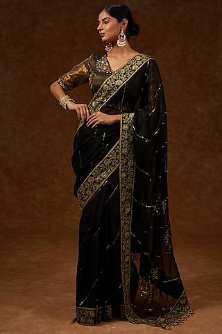 Black Organza Hand Embroidered Saree Set by Rar Studio
