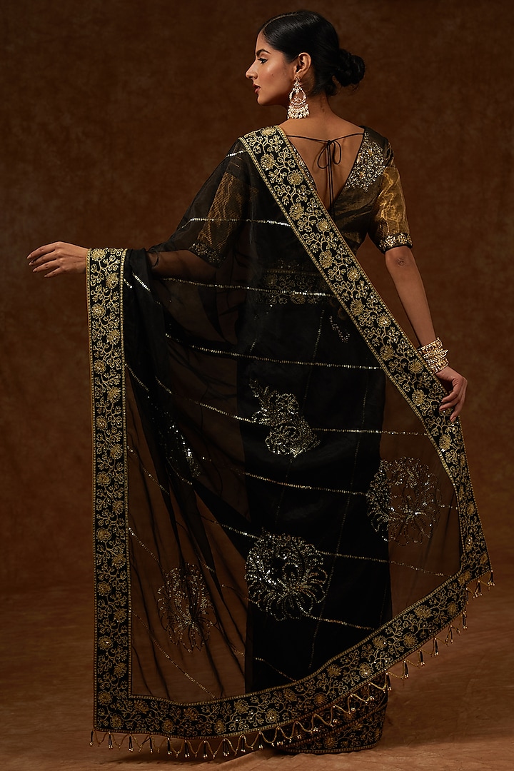 Black Organza Hand Embroidered Wedding Saree Set by Rar Studio at Pernia's Pop Up Shop