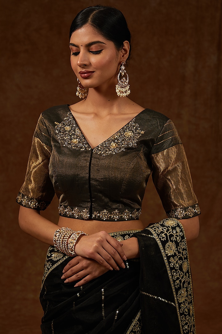 Black Organza Hand Embroidered Wedding Saree Set by Rar Studio at Pernia's Pop Up Shop