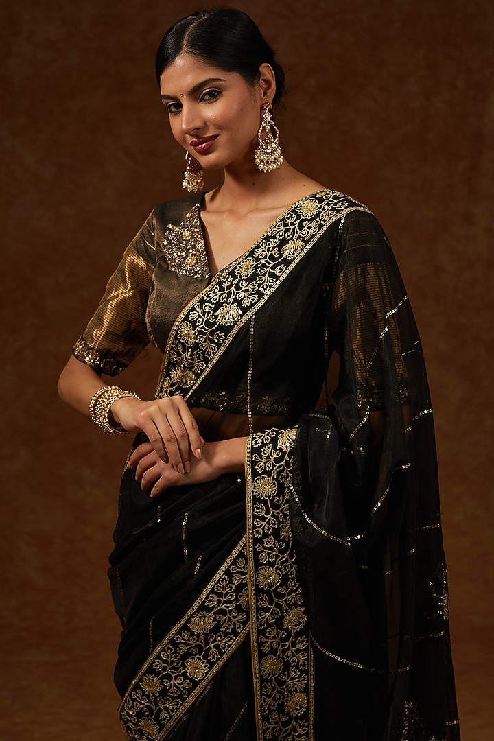 Black Organza Hand Embroidered Wedding Saree Set by Rar Studio at Pernia's Pop Up Shop