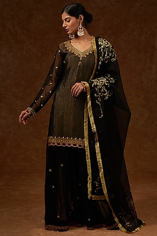 Black Chanderi Handloom & Tissue Embroidered Sharara Set by Rar Studio