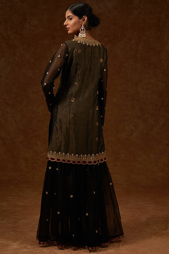 Black Chanderi Handloom & Tissue Embroidered Wedding Sharara Set by Rar Studio at Pernia's Pop Up Shop