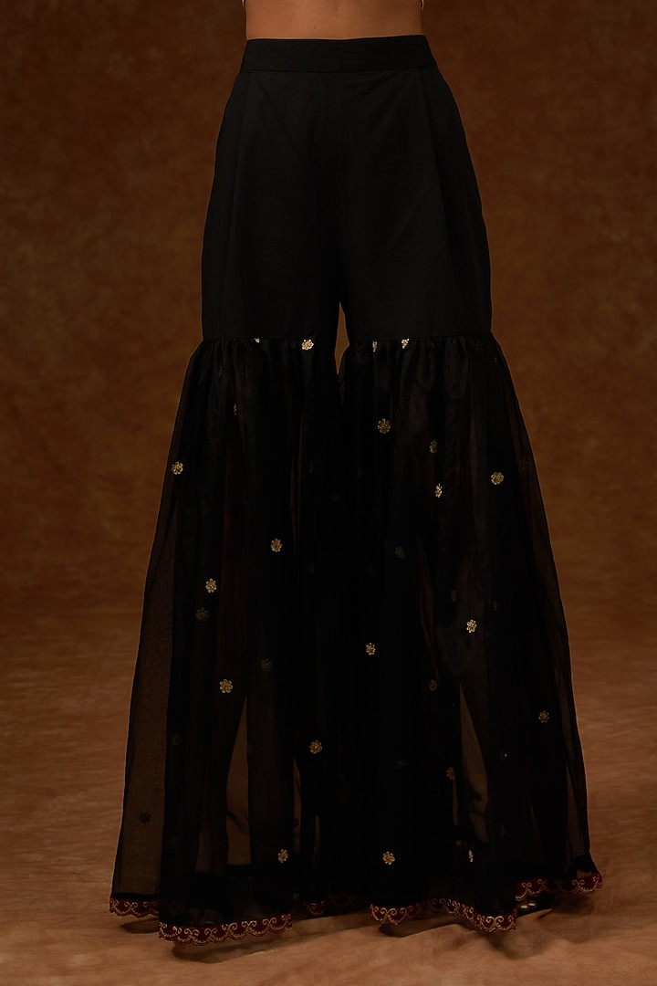 Black Chanderi Handloom & Tissue Embroidered Wedding Sharara Set by Rar Studio at Pernia's Pop Up Shop