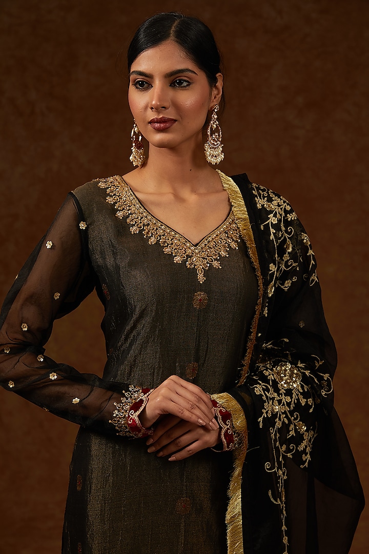 Black Chanderi Handloom & Tissue Embroidered Wedding Sharara Set by Rar Studio at Pernia's Pop Up Shop