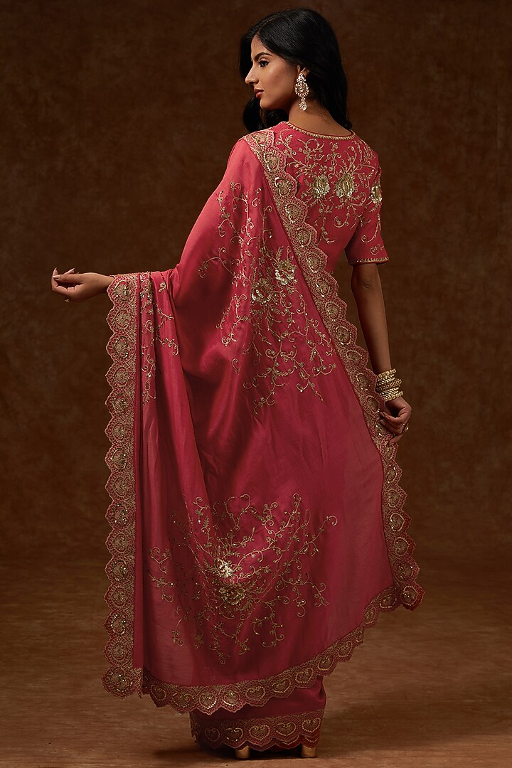 Red Chanderi Handloom Hand Embroidered Wedding Saree Set by Rar Studio at Pernia's Pop Up Shop
