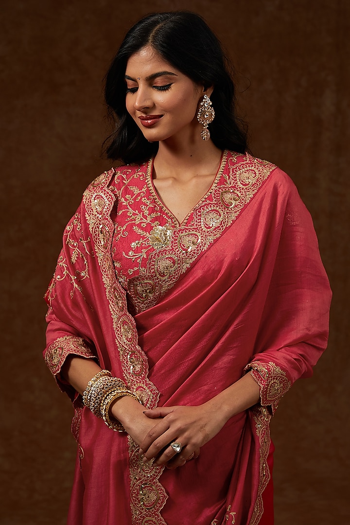 Red Chanderi Handloom Hand Embroidered Wedding Saree Set by Rar Studio at Pernia's Pop Up Shop