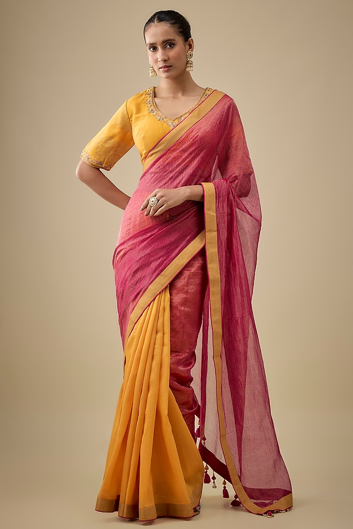 Magenta & Rust Chanderi Handloom Silk Woven Wedding Saree Set by RAR Studio at Pernia's Pop Up Shop