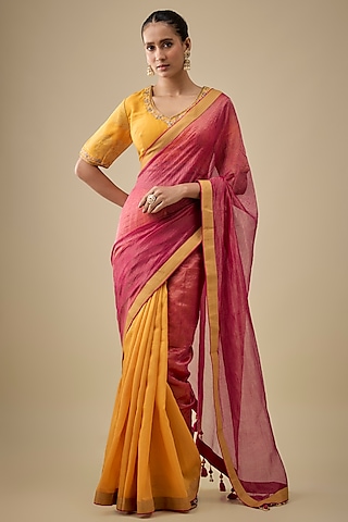 Magenta & Rust Chanderi Handloom Silk Woven Saree Set by RAR Studio