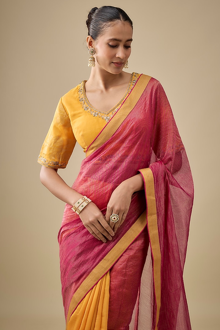 Magenta & Rust Chanderi Handloom Silk Woven Wedding Saree Set by RAR Studio at Pernia's Pop Up Shop