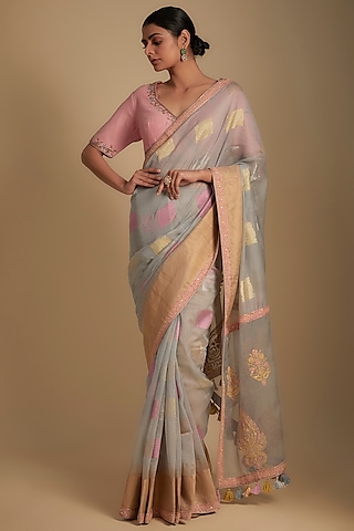 Grey Chanderi Aari Embroidered Woven Saree Set by RAR Studio