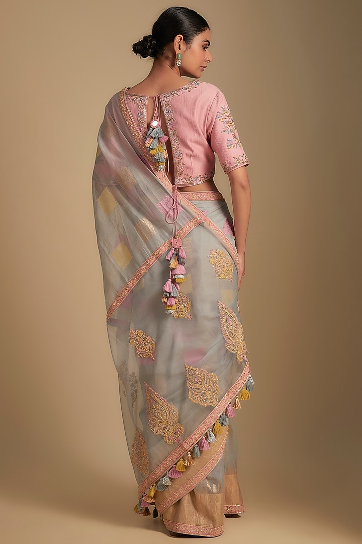Grey Chanderi Aari Embroidered Woven Wedding Saree Set by RAR Studio at Pernia's Pop Up Shop