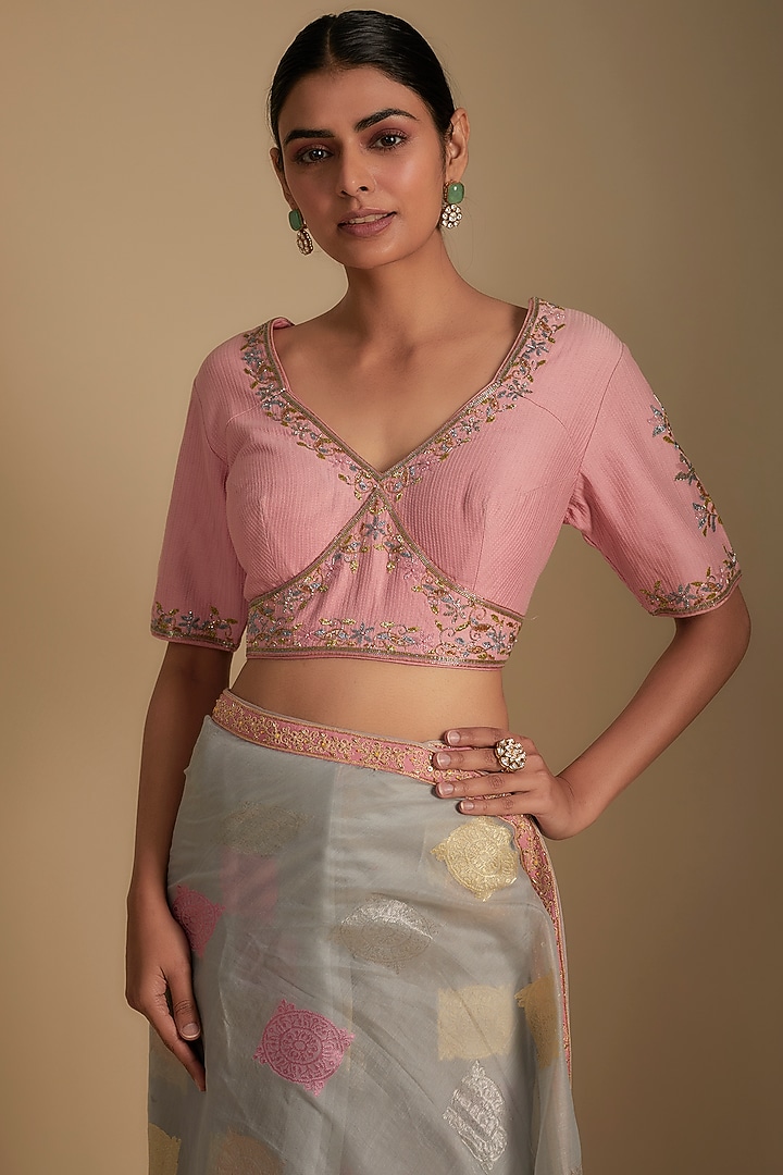 Grey Chanderi Aari Embroidered Woven Wedding Saree Set by RAR Studio at Pernia's Pop Up Shop