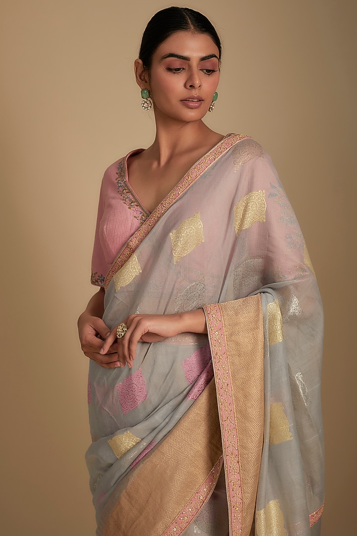 Grey Chanderi Aari Embroidered Woven Wedding Saree Set by RAR Studio at Pernia's Pop Up Shop