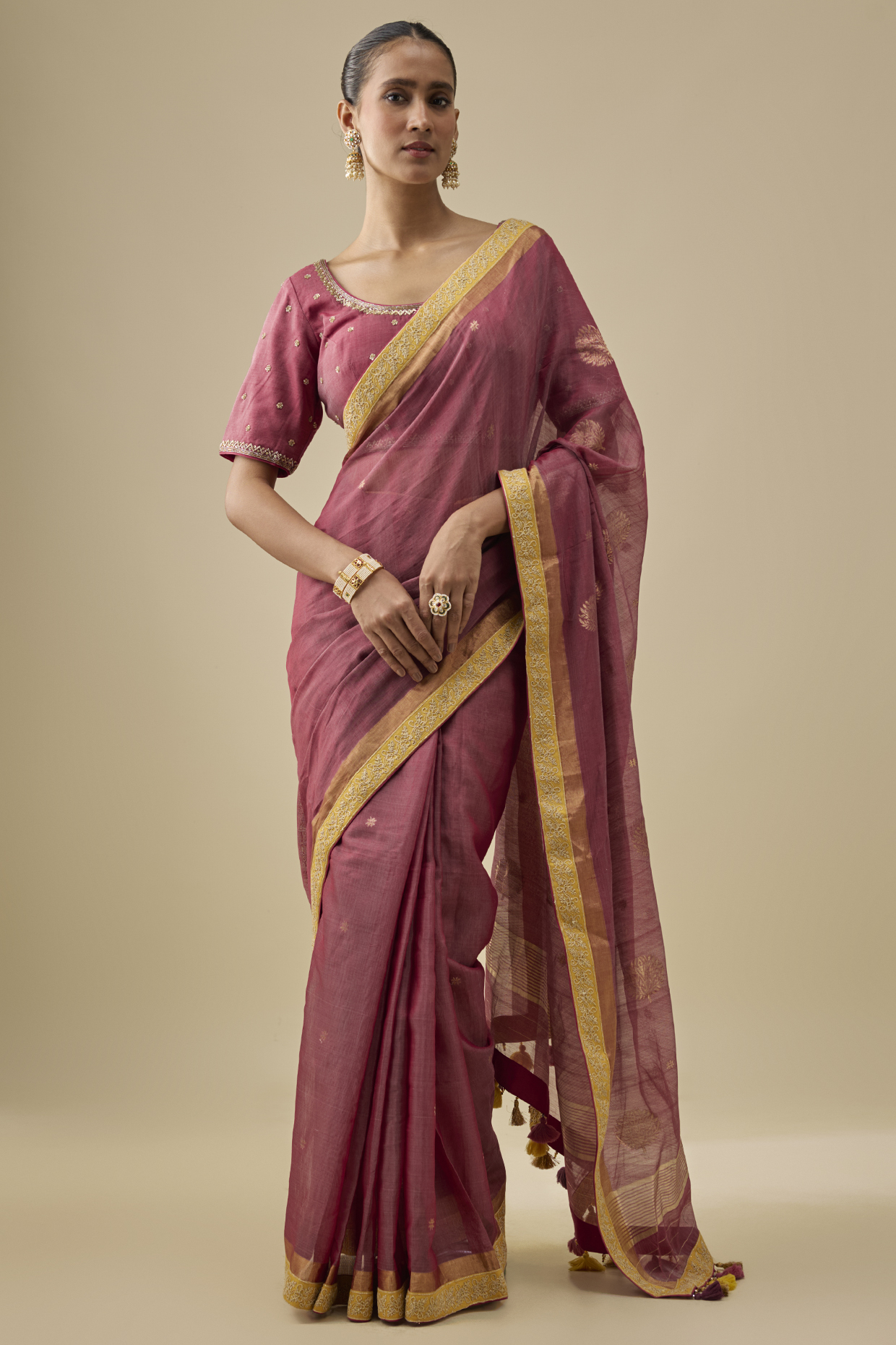 Magenta & Yellow Chanderi Handloom Silk Woven Wedding Saree Set by RAR Studio at Pernia's Pop Up Shop
