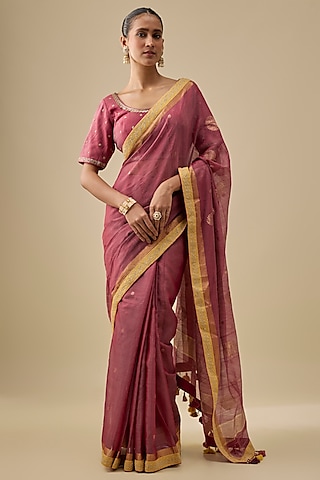 Magenta & Yellow Chanderi Handloom Silk Woven Saree Set by RAR Studio