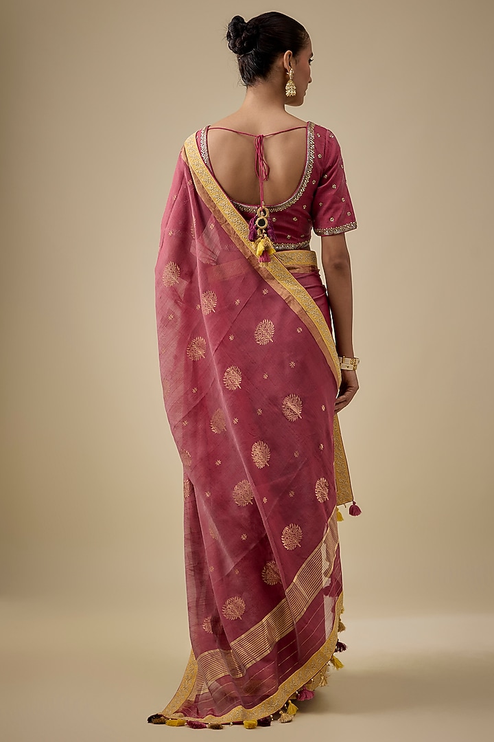 Magenta & Yellow Chanderi Handloom Silk Woven Wedding Saree Set by RAR Studio at Pernia's Pop Up Shop