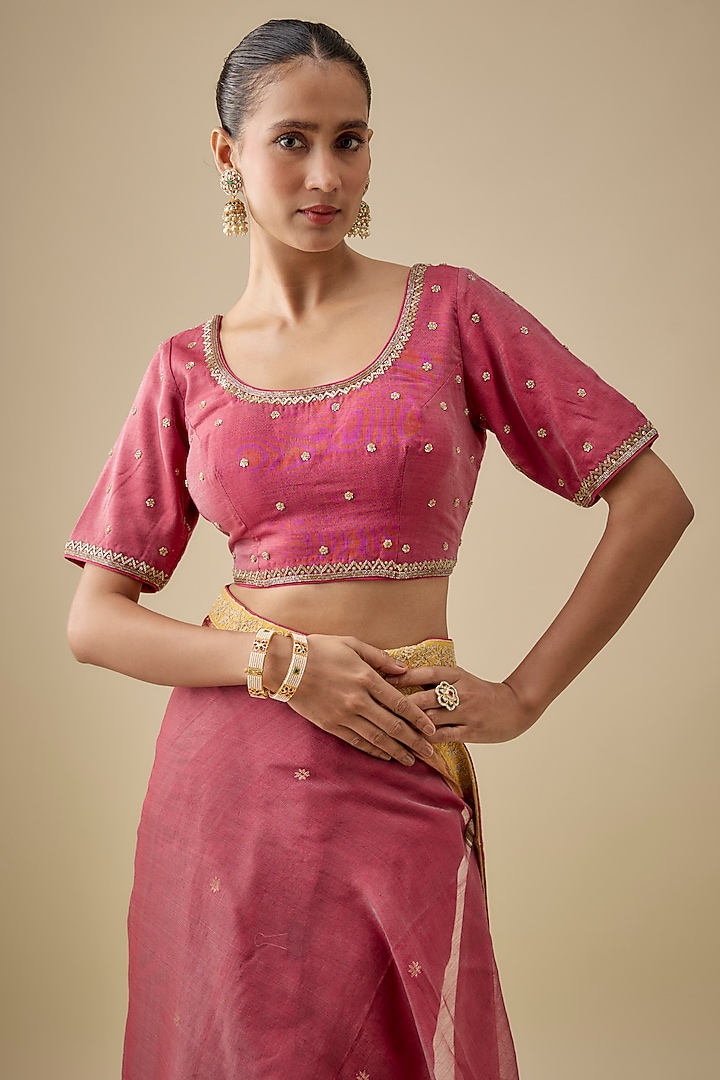 Magenta & Yellow Chanderi Handloom Silk Woven Wedding Saree Set by RAR Studio at Pernia's Pop Up Shop