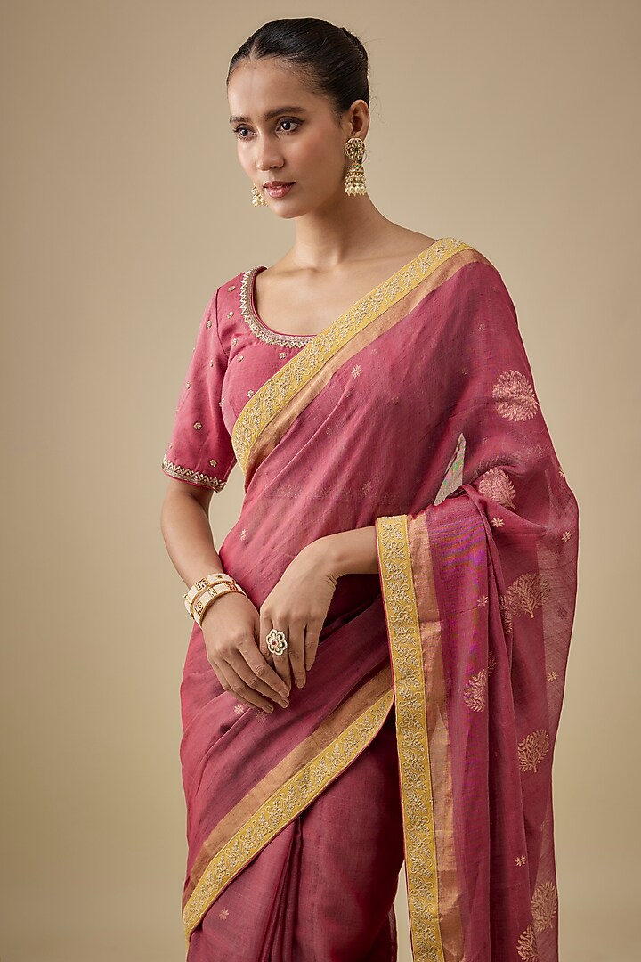 Magenta & Yellow Chanderi Handloom Silk Woven Wedding Saree Set by RAR Studio at Pernia's Pop Up Shop