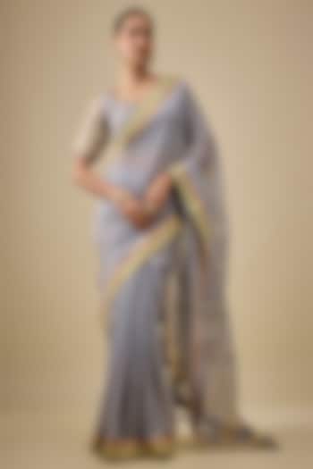 Grey & Moss Green Chanderi Handloom Silk Woven Wedding Saree Set by RAR Studio at Pernia's Pop Up Shop