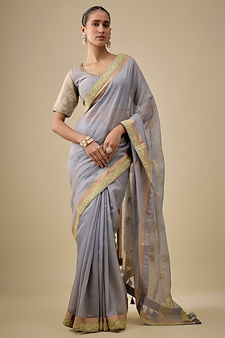 Grey & Moss Green Chanderi Handloom Silk Woven Saree Set by RAR Studio