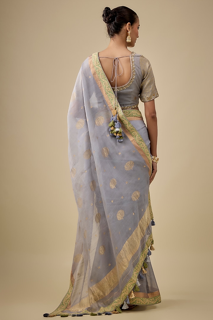 Grey & Moss Green Chanderi Handloom Silk Woven Wedding Saree Set by RAR Studio at Pernia's Pop Up Shop