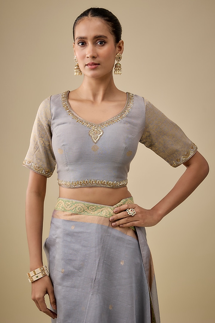 Grey & Moss Green Chanderi Handloom Silk Woven Wedding Saree Set by RAR Studio at Pernia's Pop Up Shop