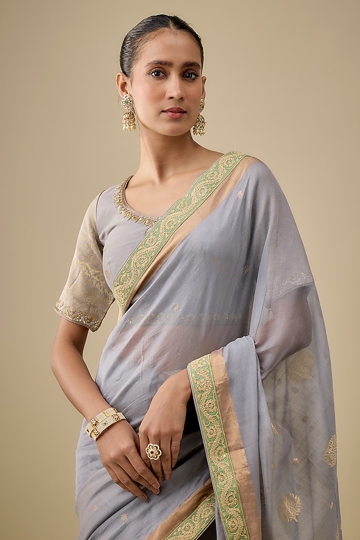 Grey & Moss Green Chanderi Handloom Silk Woven Wedding Saree Set by RAR Studio at Pernia's Pop Up Shop
