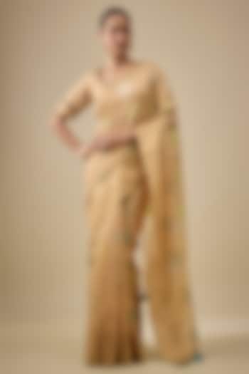 Beige & Lime Aqua Chanderi Handloom Silk Woven Wedding Saree Set by RAR Studio at Pernia's Pop Up Shop