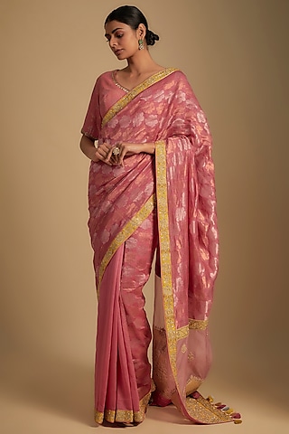 Pink & Mustard Chanderi Aari Embroidered Woven Saree Set by RAR Studio