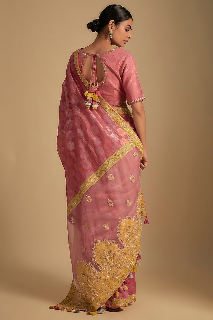 Pink & Mustard Chanderi Aari Embroidered Woven Wedding Saree Set by RAR Studio at Pernia's Pop Up Shop
