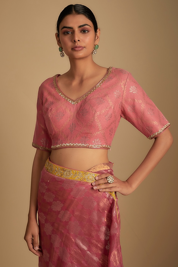 Pink & Mustard Chanderi Aari Embroidered Woven Wedding Saree Set by RAR Studio at Pernia's Pop Up Shop