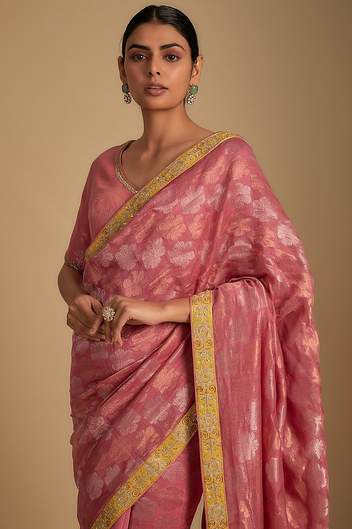 Pink & Mustard Chanderi Aari Embroidered Woven Wedding Saree Set by RAR Studio at Pernia's Pop Up Shop